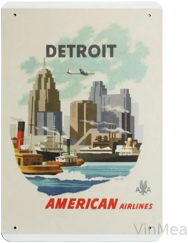 Detroit American Airlines Aa Potovanja Mesto Retro Kovinski Tin Prijavite Plaketo Plakat Wall Decor Art Zanikrni Šik Darilo Slike 0