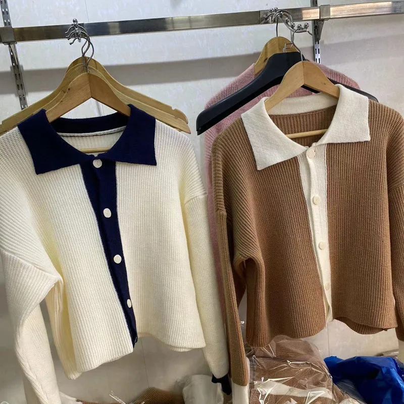 Nova jopica jopico ženske 2022 spomladi in jeseni polo ovratnik kontrast barve dolgo sleeved ohlapen pulover, pletene cardigan plašč Slike 3