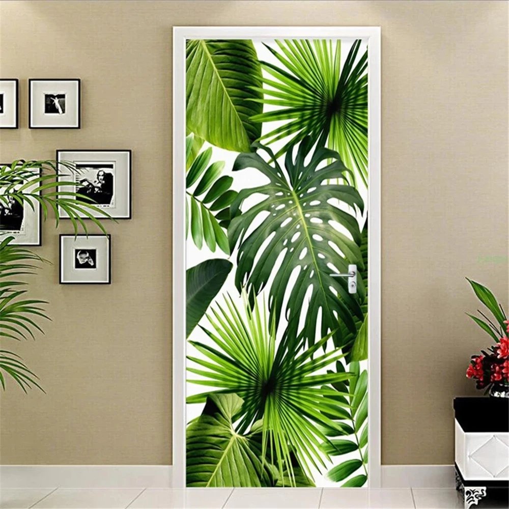 Samolepilni 3d Vrata Nalepke Ozadje Zelenih Palm Obrat Vhod Dekorativni Abstraktne Linije Pokrajino Plakat Doma Spalnica Slike 3