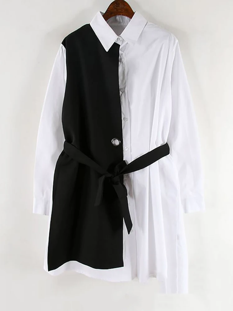 XITAO Zadeli Barvni Mozaik Črno Belo Bluzo Ženske Modni korejski se Ujemajo z Vsemi Slim Sashes Širokimi Rokavi Top Jeseni Novo GCC1237 Slike 3