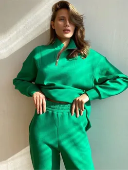 Ženska oblačila 2022 novo obleko modne temperament z zadrgo barva pulover in hlače, dvodelne ženske