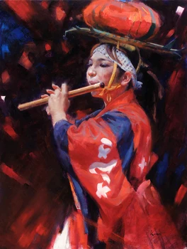sodobna portret platna slike figurativne umetnosti pokrajino Japonska vtis dekle v rdeči igra flavto plošča eno imagich