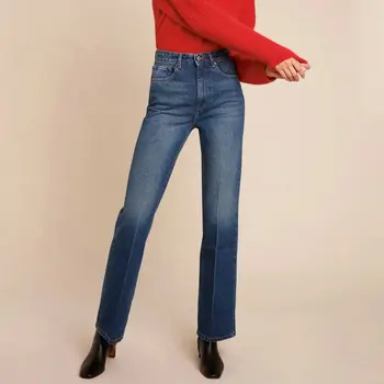 2023 Novo Temno Modre Jeans Hlače za Ženske Vsestranski Slim Fit Visoko Pasu, Ženske Naravnost Cev Traper Hlače