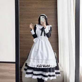 S-5XL Lolita Črno Bel Dolg Rokav Predpasnik Gospodinja Maidservant Devica Restavracija Enotno Obleko Obleke Anime Cosplay Kostum