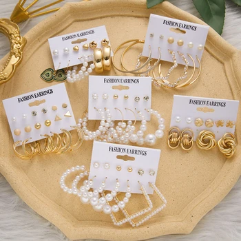 Vintage Zlato Barvo Geometrijske Uhani Set za Ženske Modni Pearl Spusti Uhani Trendy Komplet Uhani Ženski Nakit Darila 2022