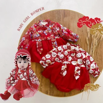 Ženski Otroka Pozimi Novo Leto Oblačila Dekleta Kitajsko Velike Rdeče Zgosti Toplo Romper