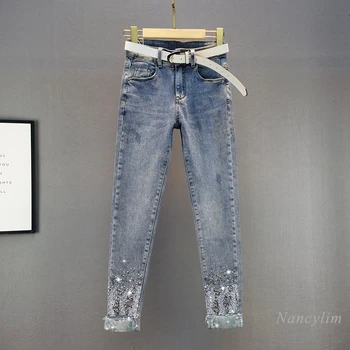 Sequined Nosorogovo Skinny Jeans za Ženske 2021 Pomlad Poletje Novo Visoko Pasu, Slim Fit Svinčnik Hlače Dekle Lady Blue Traper Hlače