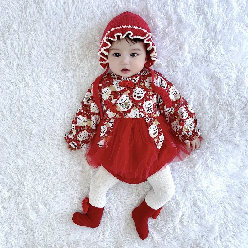 Ženski Otroka Pozimi Novo Leto Oblačila Dekleta Kitajsko Velike Rdeče Zgosti Toplo Romper Slike 1