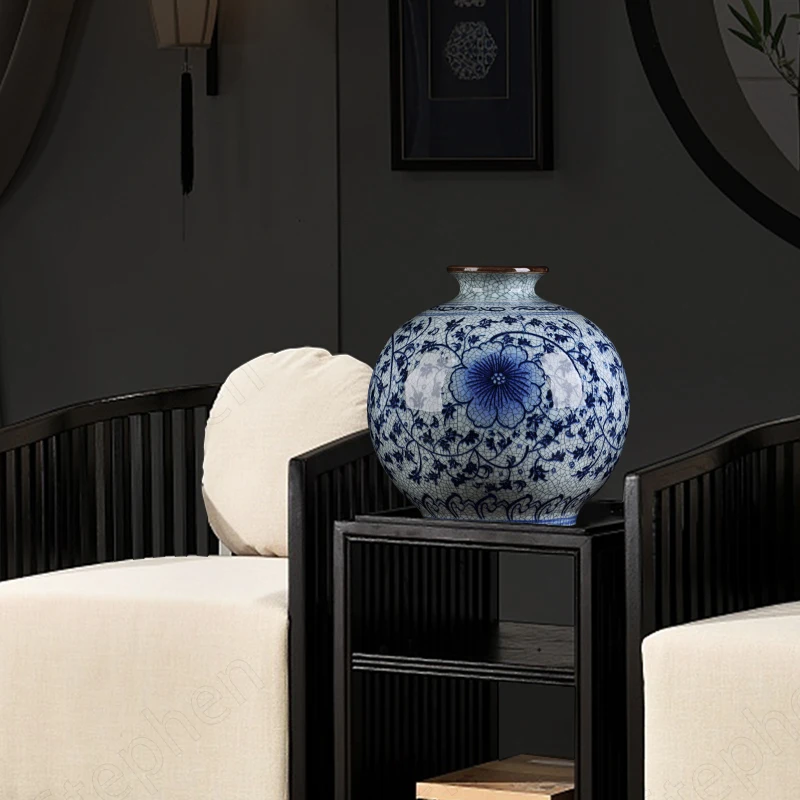 Ice Crack Modre in Bele Porcelanaste Vaze Kitajski Retro Ročno Poslikane Velike Keramične Vaze Urad za Namizni Okrasek, Dnevna Soba Dekor Slike 2