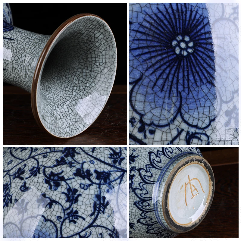 Ice Crack Modre in Bele Porcelanaste Vaze Kitajski Retro Ročno Poslikane Velike Keramične Vaze Urad za Namizni Okrasek, Dnevna Soba Dekor Slike 3