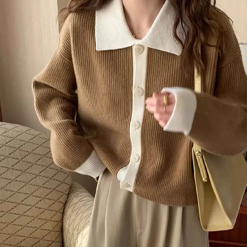 Nova jopica jopico ženske 2022 spomladi in jeseni polo ovratnik kontrast barve dolgo sleeved ohlapen pulover, pletene cardigan plašč Slike 0
