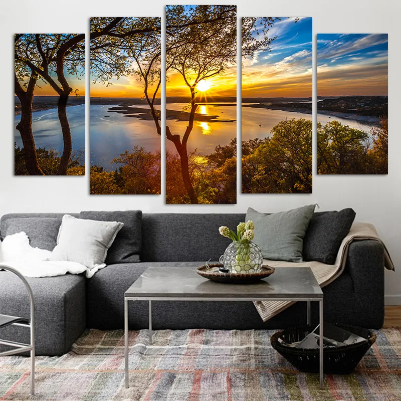 Po meri jezero, pokrajina, sončni zahod pet slik, dnevni prostor kavč ozadju dekoracijo sten platno slikarstvo brez okvirjev slikarstvo or Slike 0