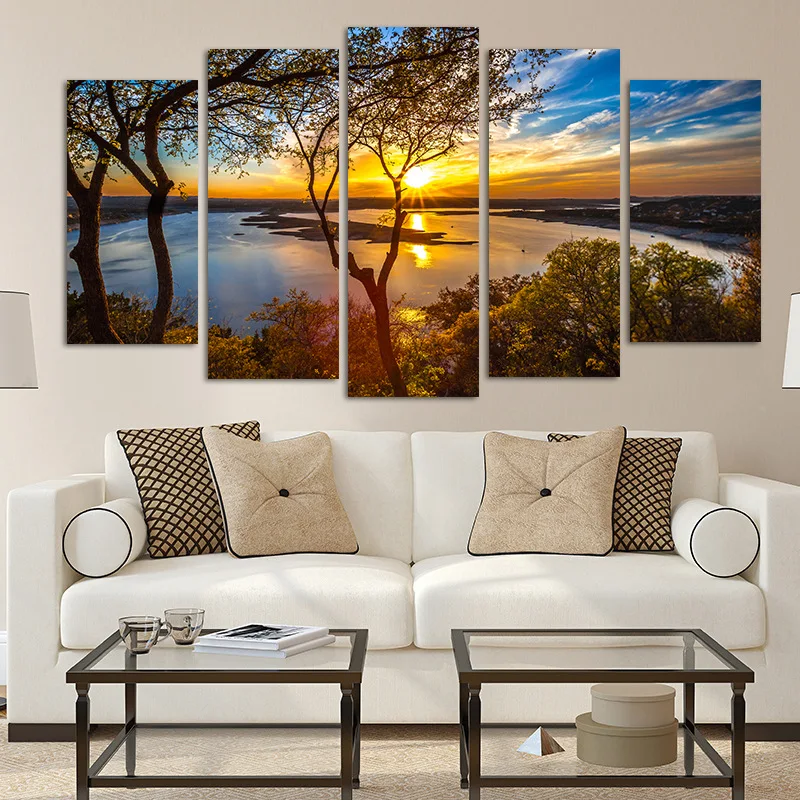 Po meri jezero, pokrajina, sončni zahod pet slik, dnevni prostor kavč ozadju dekoracijo sten platno slikarstvo brez okvirjev slikarstvo or Slike 1