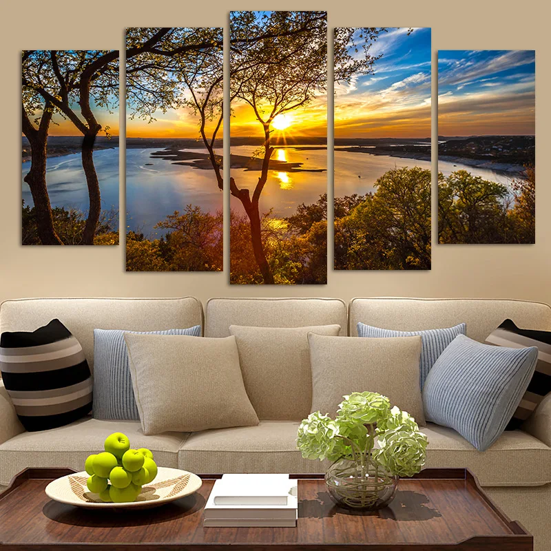 Po meri jezero, pokrajina, sončni zahod pet slik, dnevni prostor kavč ozadju dekoracijo sten platno slikarstvo brez okvirjev slikarstvo or Slike 2