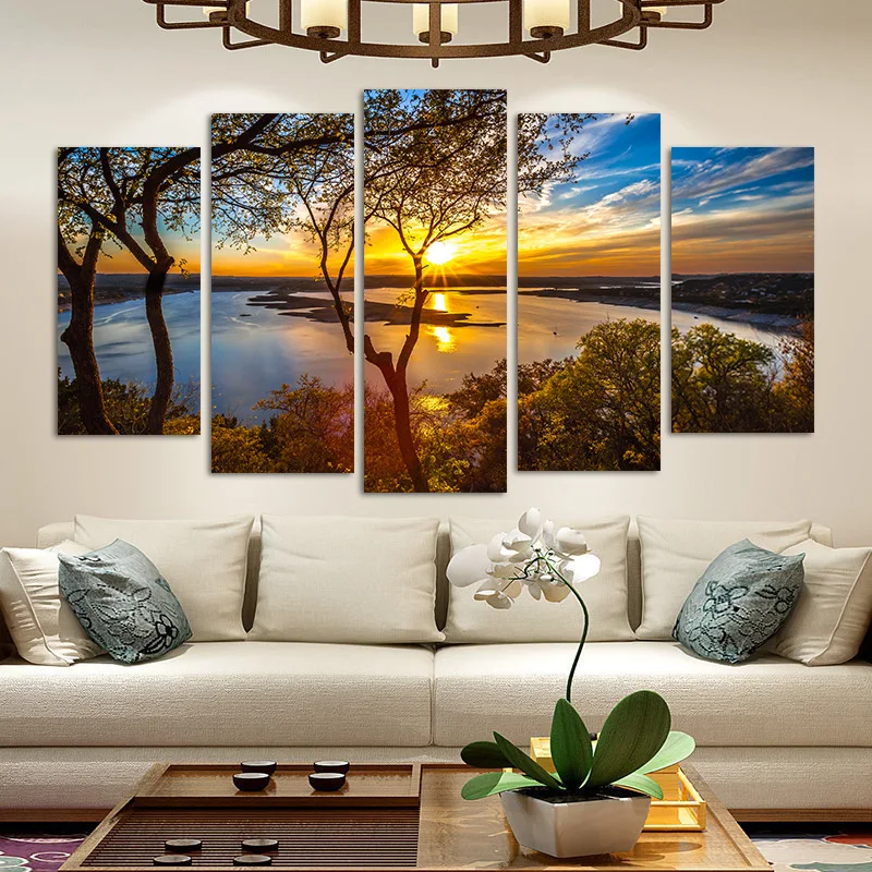 Po meri jezero, pokrajina, sončni zahod pet slik, dnevni prostor kavč ozadju dekoracijo sten platno slikarstvo brez okvirjev slikarstvo or Slike 3