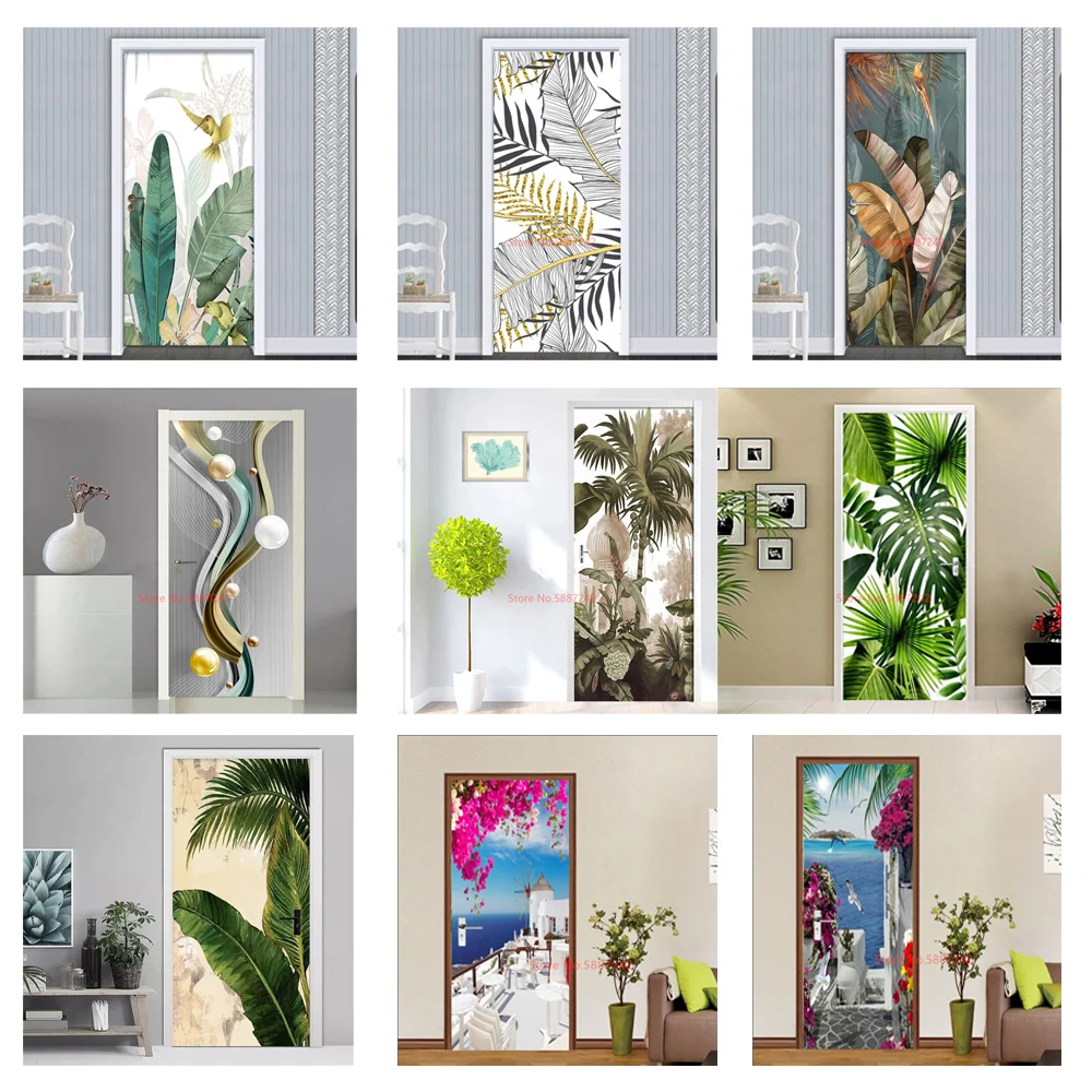 Samolepilni 3d Vrata Nalepke Ozadje Zelenih Palm Obrat Vhod Dekorativni Abstraktne Linije Pokrajino Plakat Doma Spalnica Slike 0