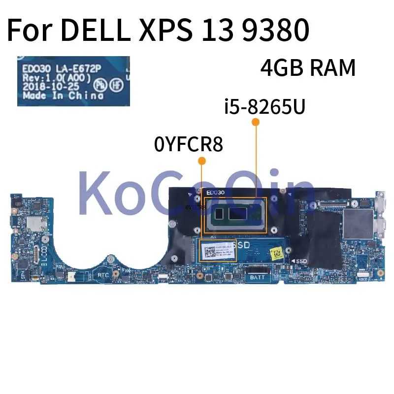 Za DELL XPS 13 9380 i5-8265U 4GB RAM za Prenosnik Mainboard 0YFCR8 ED030 LA-E672P SRFFX Prenosni računalnik z Matično ploščo Preizkušen Dela Slike 0