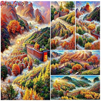 Great Wall Kitajski Pokrajini 5D DIY Diamond Slikarstvo Celotno Gorsko Rdeči Listi Diamond Vezenje Navzkrižno Šiv kompleti Doma Dekor