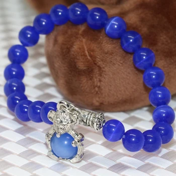 Vroče prodaje prvotni načrt 8 mm krog modre opal mačka oči krog kroglice zapestnica srčkan miško obesek čare fine nakit za 7,5 palca B2183