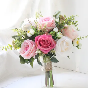 Visoka Kakovost Imitacije Različnih Barvnih Rose Hibridni Holding Cvet Poročne Poročni Šopek Končal Umetno