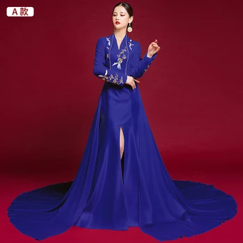 Modra Vezenje Stranka Večer Cheongsam Obleko Orientalski Ženska Poroko Qipao Formalnih Obleke Elegantno Dolgo Haljo Oblačila Vestido S-xxl