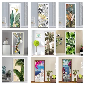 Samolepilni 3d Vrata Nalepke Ozadje Zelenih Palm Obrat Vhod Dekorativni Abstraktne Linije Pokrajino Plakat Doma Spalnica