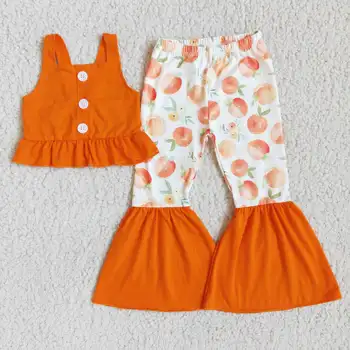 nov prihod dojenčka dekleta obleke gumb design brez rokavov oranžna vrh breskev tiskanja bell-dna poletje debelo otroci oblačila