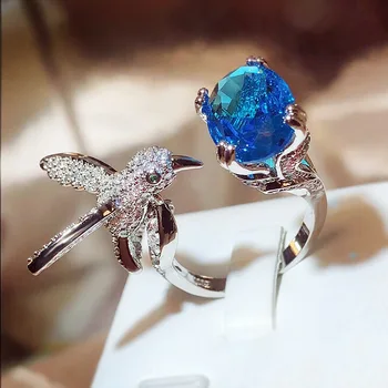 NOVE Ustvarjalne Nezakonitih Hummingbird Ovalni, temno modra, Roza Topaz Gemstone Polno Diamantni Par Obroč Za Ženske Angažiranosti Darilo Nakit