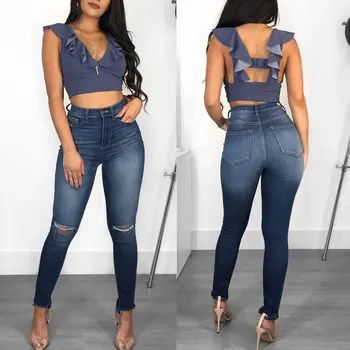 YP6027 dame jeans trend raztrgala tesen vgradnjo boki moda za ženske jeans hlače ženske