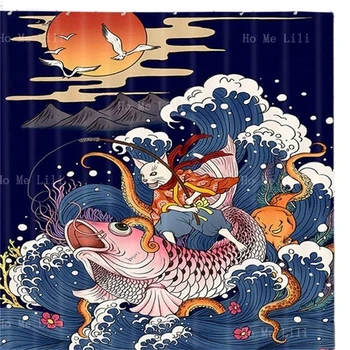Japonski Strip Art Velik Val Rdeče Sonce Koi Rib Samurai Mačka Stepeno Krap Smešno Tuš Zavesa Kopalnica Dekor