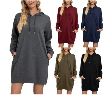 Ženske Svoboden Hooded Vrhovi Jeseni, Pozimi Priložnostne Dolg Rokav slip žep Mini Obleke Trdna Mehko Sweatshirts Modne Ulice